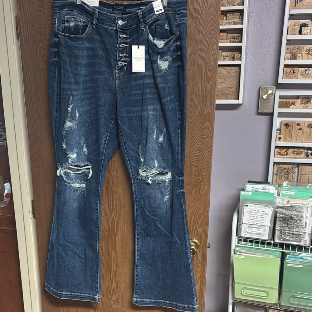 Blue Flare Wide Leg Jeans with Distressed Details